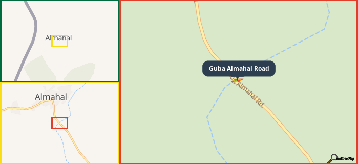 Map showing the address of Guba Almahal Road in three different zoom levels.
