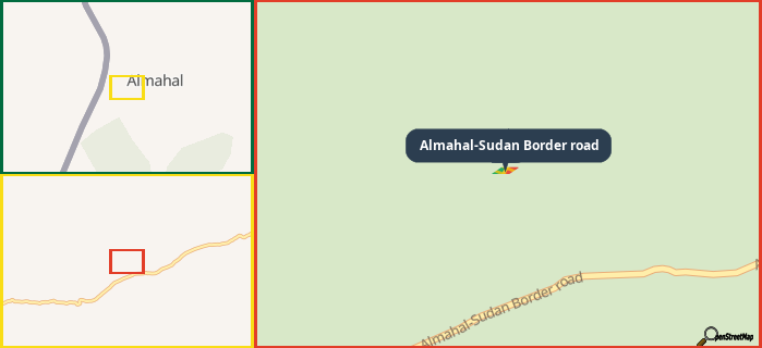 Map showing the address of Almahal-Sudan Border road in three different zoom levels.