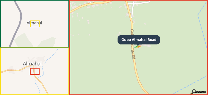 Map showing the address of Guba Almahal Road in three different zoom levels.