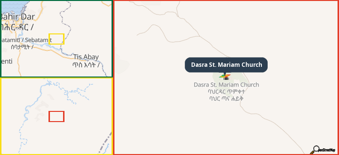 Map showing the address of Dasra St. Mariam Church in three different zoom levels.