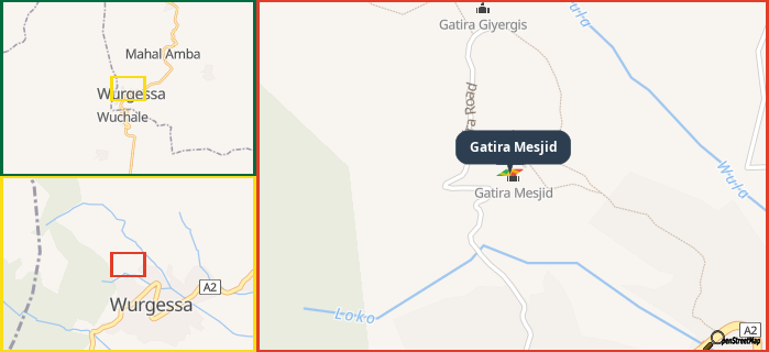 Map showing the address of Gatira Mesjid in three different zoom levels.