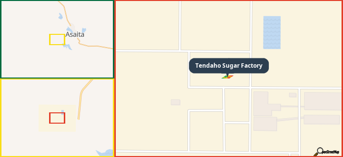 Map showing the address of Tendaho Sugar Factory in three different zoom levels.