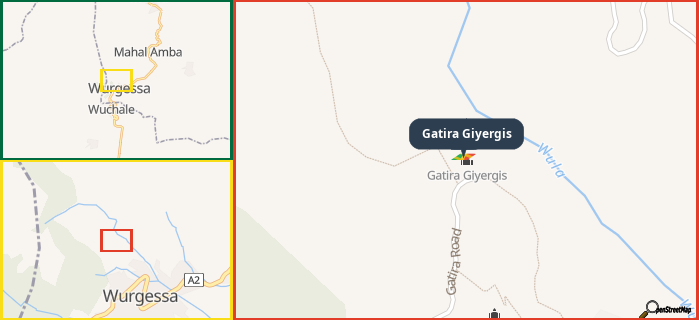 Map showing the address of Gatira Giyergis in three different zoom levels.