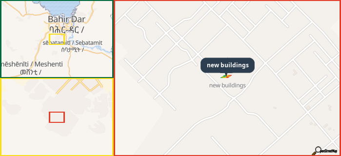 Map showing the address of new buildings in three different zoom levels.
