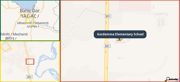 Map showing the address of Gordemma Elementary School in three different zoom levels.