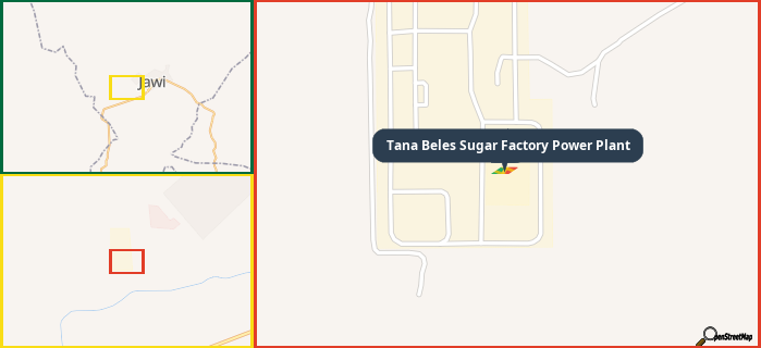 Map showing the address of Tana Beles Sugar Factory Power Plant in three different zoom levels.