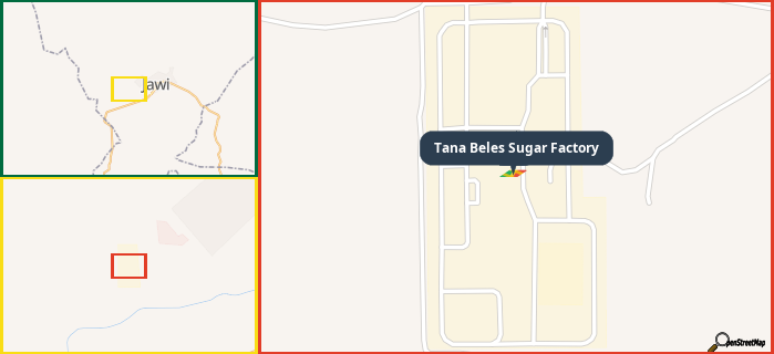 Map showing the address of Tana Beles Sugar Factory in three different zoom levels.