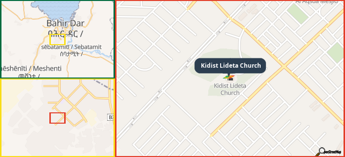 Map showing the address of Kidist Lideta Church in three different zoom levels.