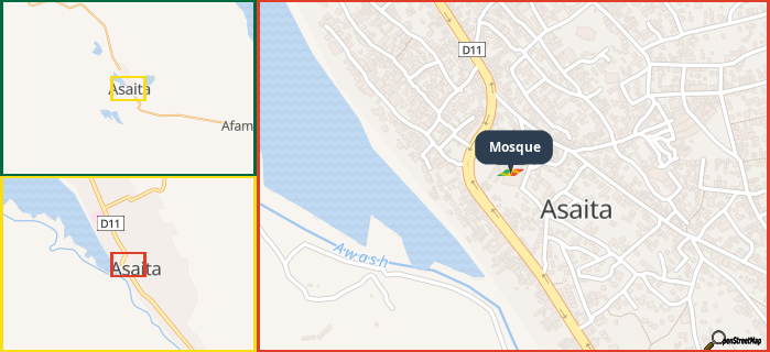 Map showing the address of Mosque in three different zoom levels.