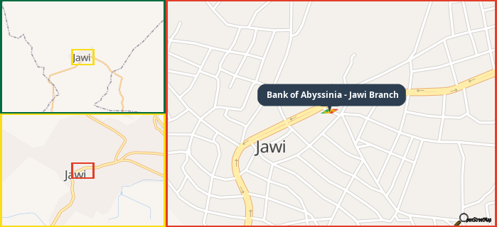 Map showing the address of Bank of Abyssinia - Jawi Branch in three different zoom levels.