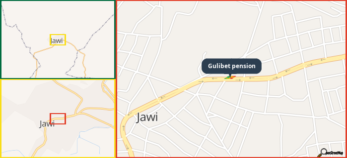 Map showing the address of Gulibet pension in three different zoom levels.