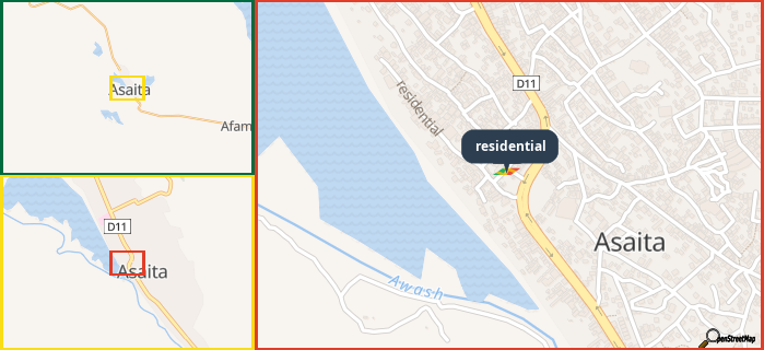 Map showing the address of residential in three different zoom levels.