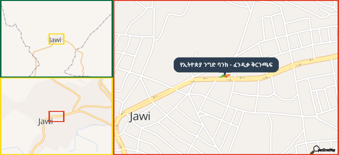 Map showing the address of የኢትዮጵያ ንግድ ባንክ - ፈንዲቃ ቅርንጫፍ in three different zoom levels.