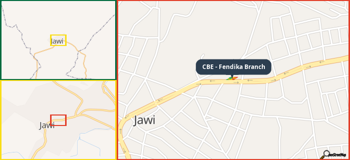 Map showing the address of CBE - Fendika Branch in three different zoom levels.