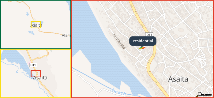 Map showing the address of residential in three different zoom levels.
