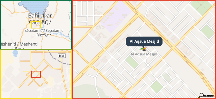 Map showing the address of Al Aqsua Mesjid in three different zoom levels.