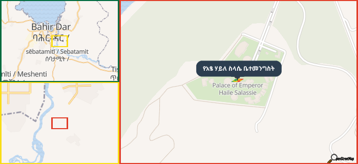 Map showing the address of የአፄ ሃይለ ስላሴ ቤተመንግስት in three different zoom levels.