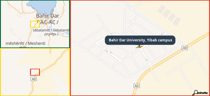 Map showing the address of Bahir Dar University, Yibab campus in three different zoom levels.