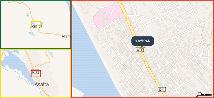 Map showing the address of ሂክማ ካፌ in three different zoom levels.