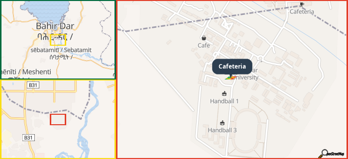 Map showing the address of Cafeteria in three different zoom levels.