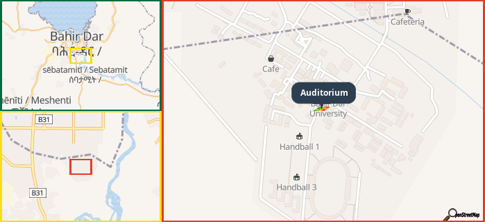 Map showing the address of Auditorium in three different zoom levels.