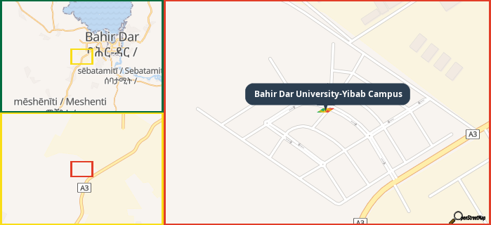 Map showing the address of Bahir Dar University-Yibab Campus in three different zoom levels.
