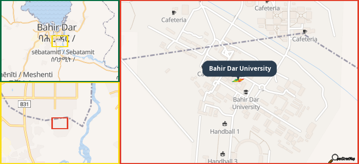 Map showing the address of Bahir Dar University in three different zoom levels.