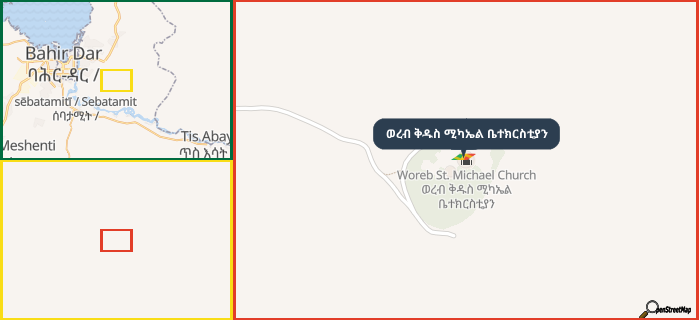 Map showing the address of ወረብ ቅዱስ ሚካኤል ቤተክርስቲያን in three different zoom levels.