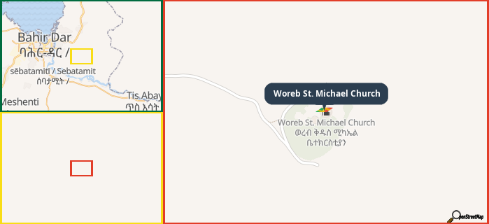 Map showing the address of Woreb St. Michael Church in three different zoom levels.