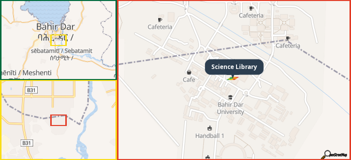 Map showing the address of Science Library in three different zoom levels.