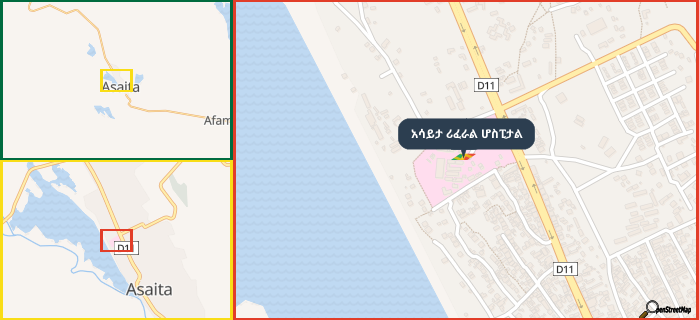 Map showing the address of አሳይታ ሪፈራል ሆስፒታል in three different zoom levels.