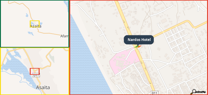 Map showing the address of Nardos Hotel in three different zoom levels.