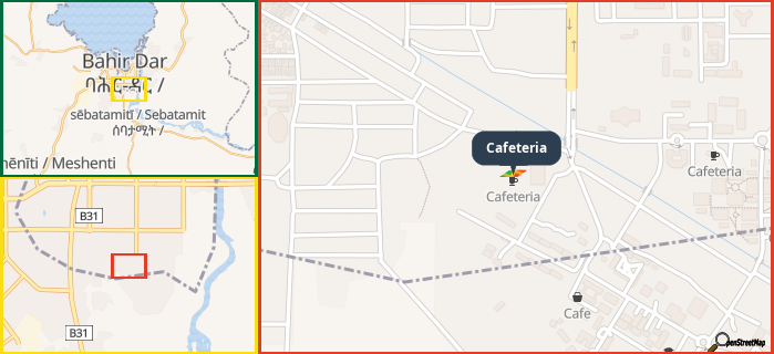 Map showing the address of Cafeteria in three different zoom levels.