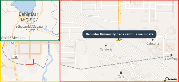 Map showing the address of Bahirdar University peda campus main gate in three different zoom levels.