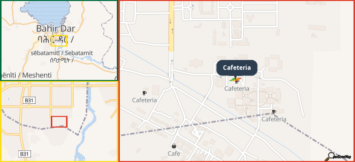 Map showing the address of Cafeteria in three different zoom levels.