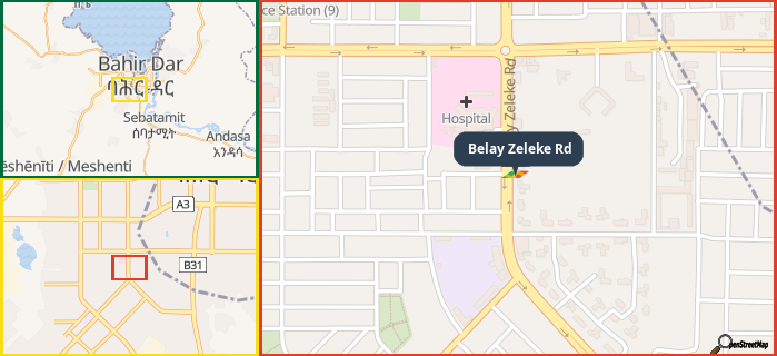 Map showing the address of Belay Zeleke Rd in three different zoom levels.