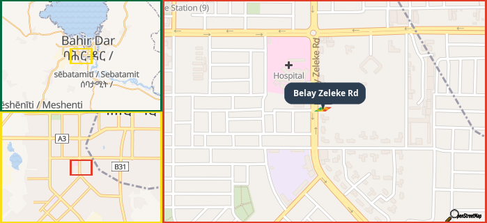 Map showing the address of Belay Zeleke Rd in three different zoom levels.