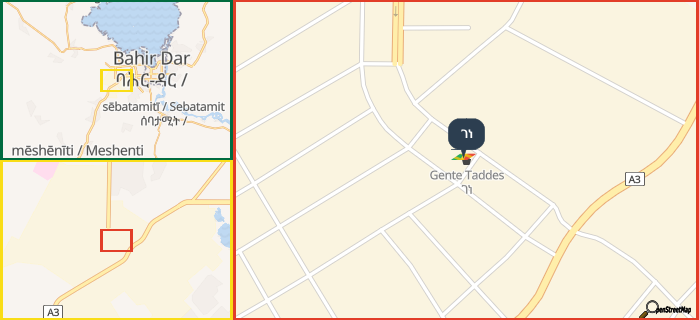 Map showing the address of ገነ in three different zoom levels.