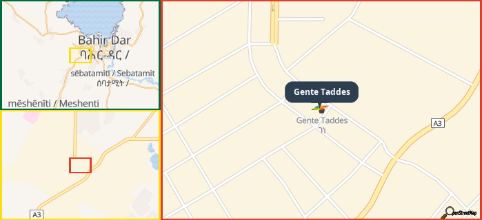 Map showing the address of Gente Taddes in three different zoom levels.