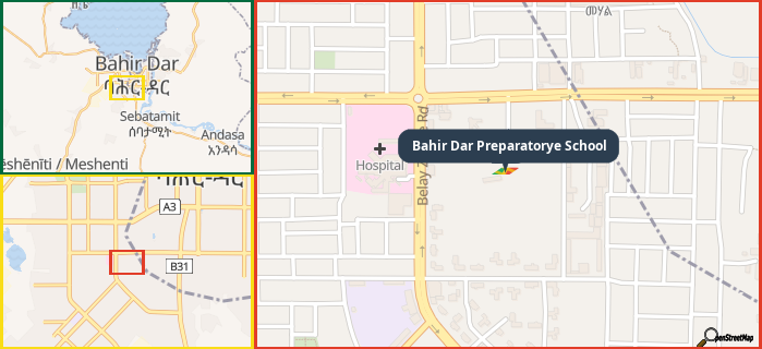 Map showing the address of Bahir Dar Preparatorye School in three different zoom levels.