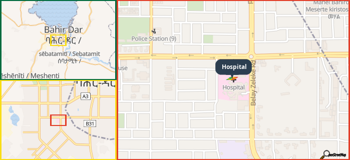Map showing the address of Hospital in three different zoom levels.