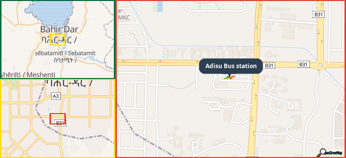 Map showing the address of Adisu Bus station in three different zoom levels.