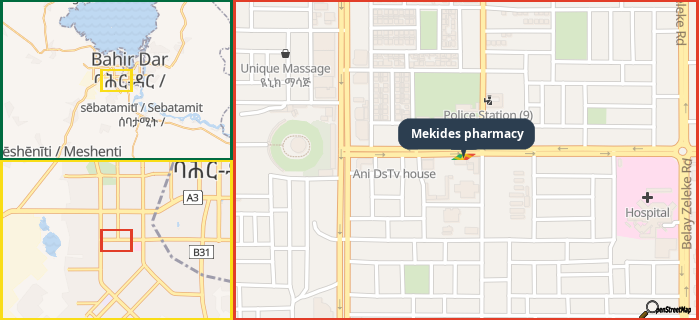 Map showing the address of Mekides pharmacy in three different zoom levels.