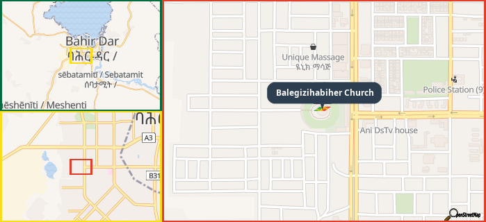 Map showing the address of Balegizihabiher Church in three different zoom levels.