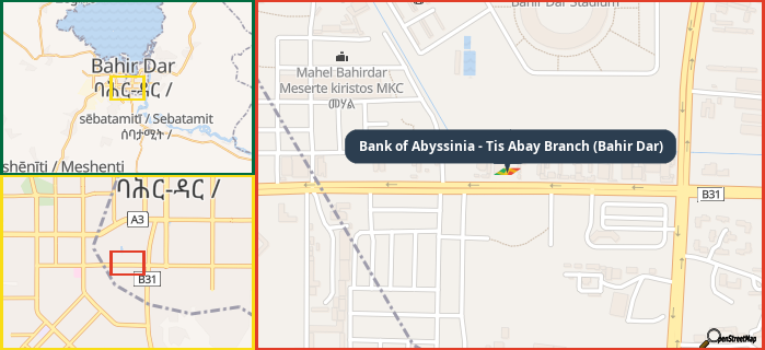 Map showing the address of Bank of Abyssinia - Tis Abay Branch (Bahir Dar) in three different zoom levels.