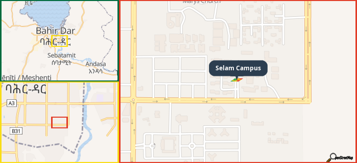 Map showing the address of Selam Campus in three different zoom levels.