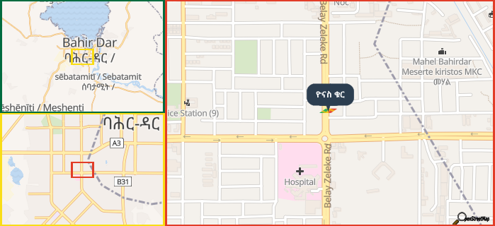 Map showing the address of ዮናስ ቁር in three different zoom levels.
