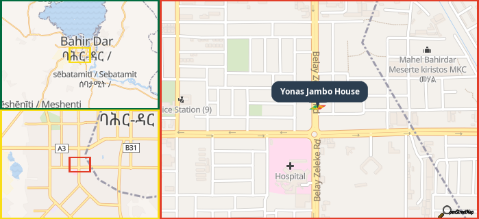 Map showing the address of Yonas Jambo House in three different zoom levels.