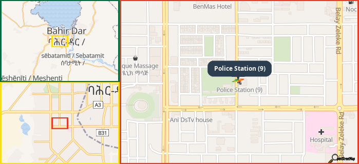 Map showing the address of Police Station (9) in three different zoom levels.