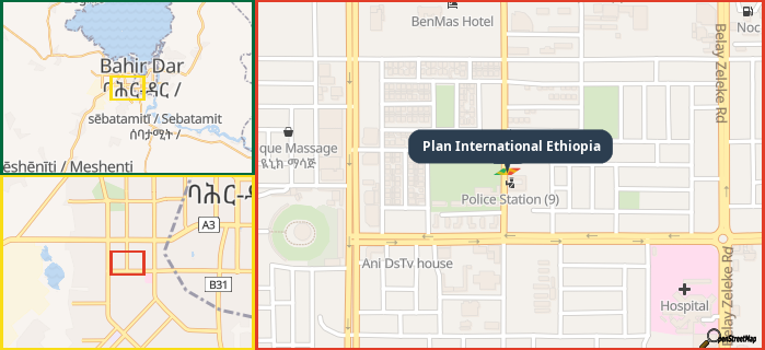 Map showing the address of Plan International Ethiopia in three different zoom levels.